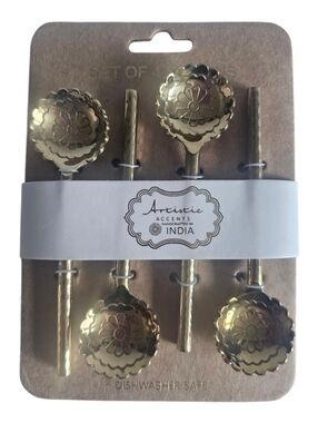Set of 4 Artistic Accents Floral Gold Texture Small Dessert Spoons - Gold New